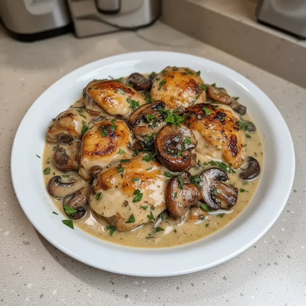 Creamy garlic mushroom chicken thighs served on a plate with herbs and sauce