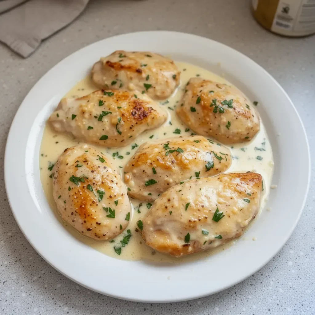 Plate of creamy garlic parmesan chicken garnished with herbs