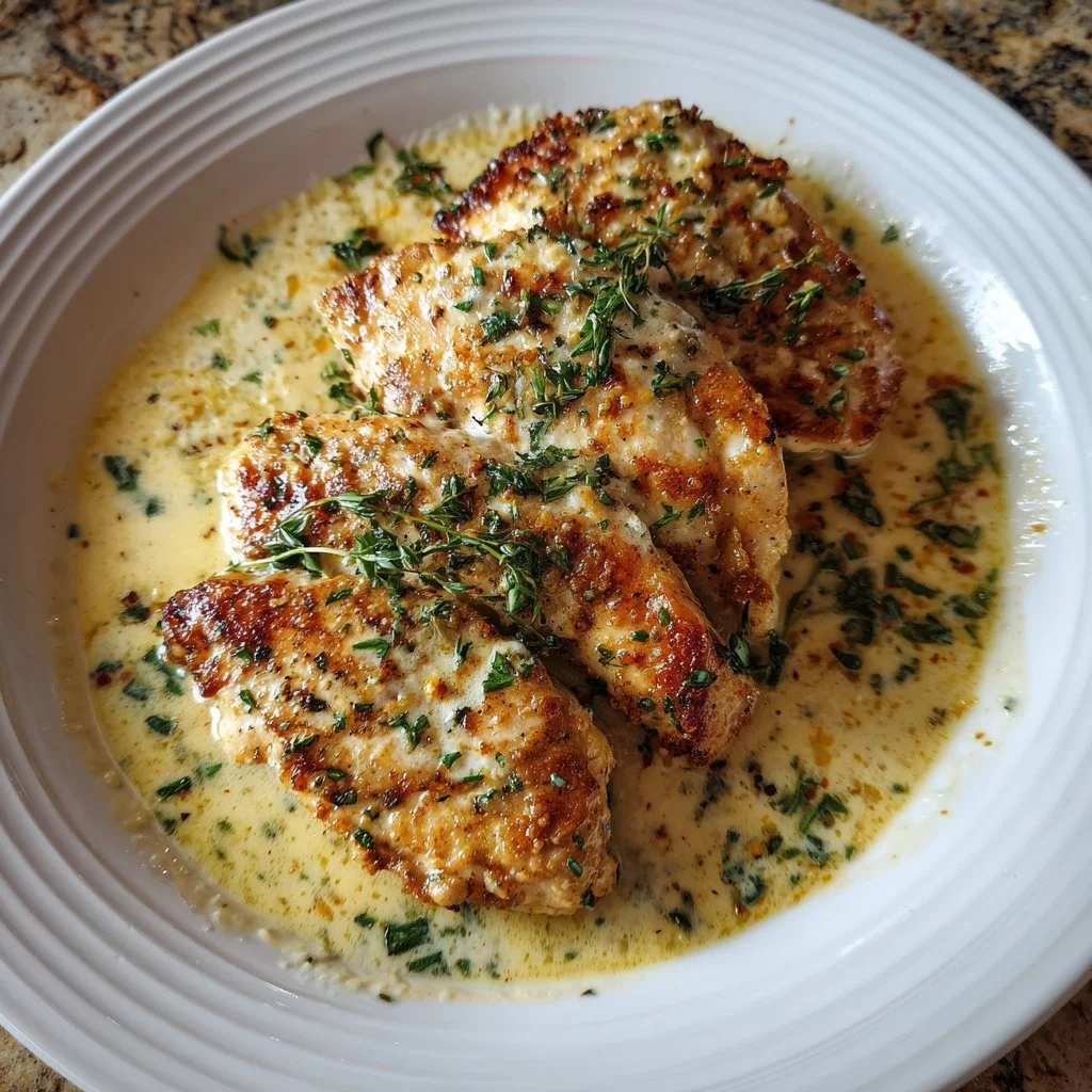 Creamy Garlic Parmesan Chicken Breast served on a plate with herbs and spices.