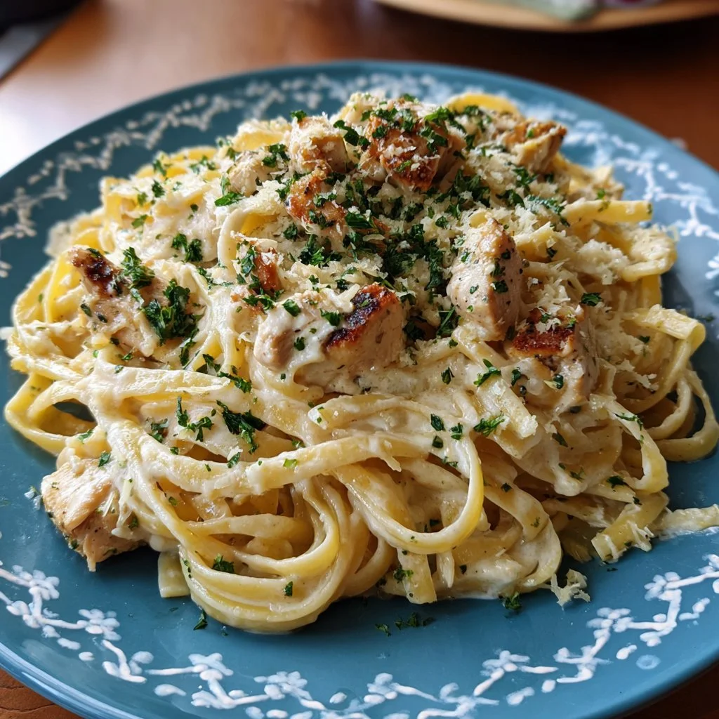 Creamy Garlic Parmesan Chicken Pasta served in a bowl with parsley garnish