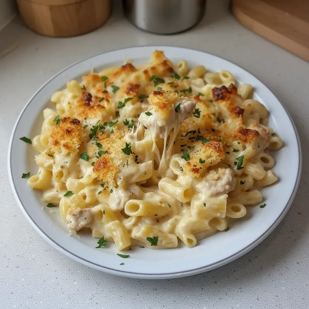 Creamy garlic parmesan chicken pasta bake ready to serve in a baking dish