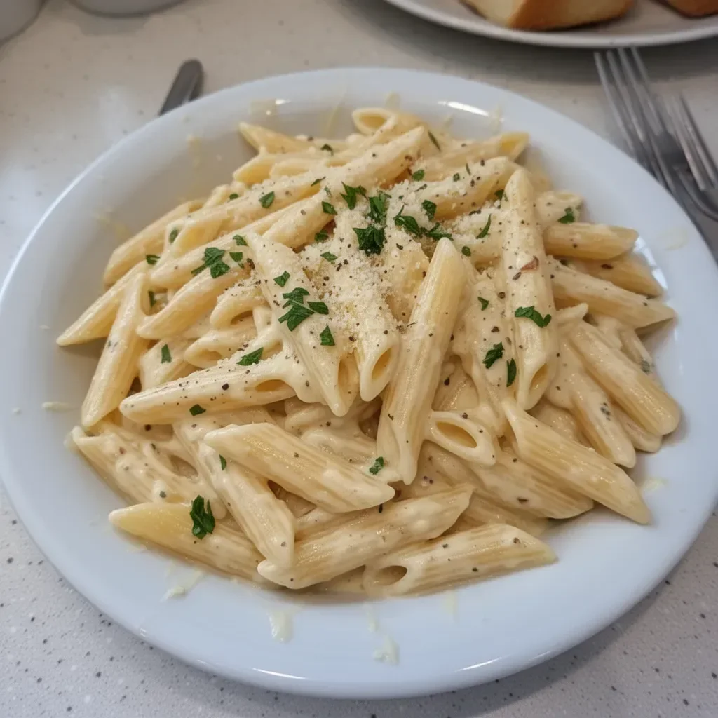 Delicious creamy garlic penne pasta served with fresh herbs