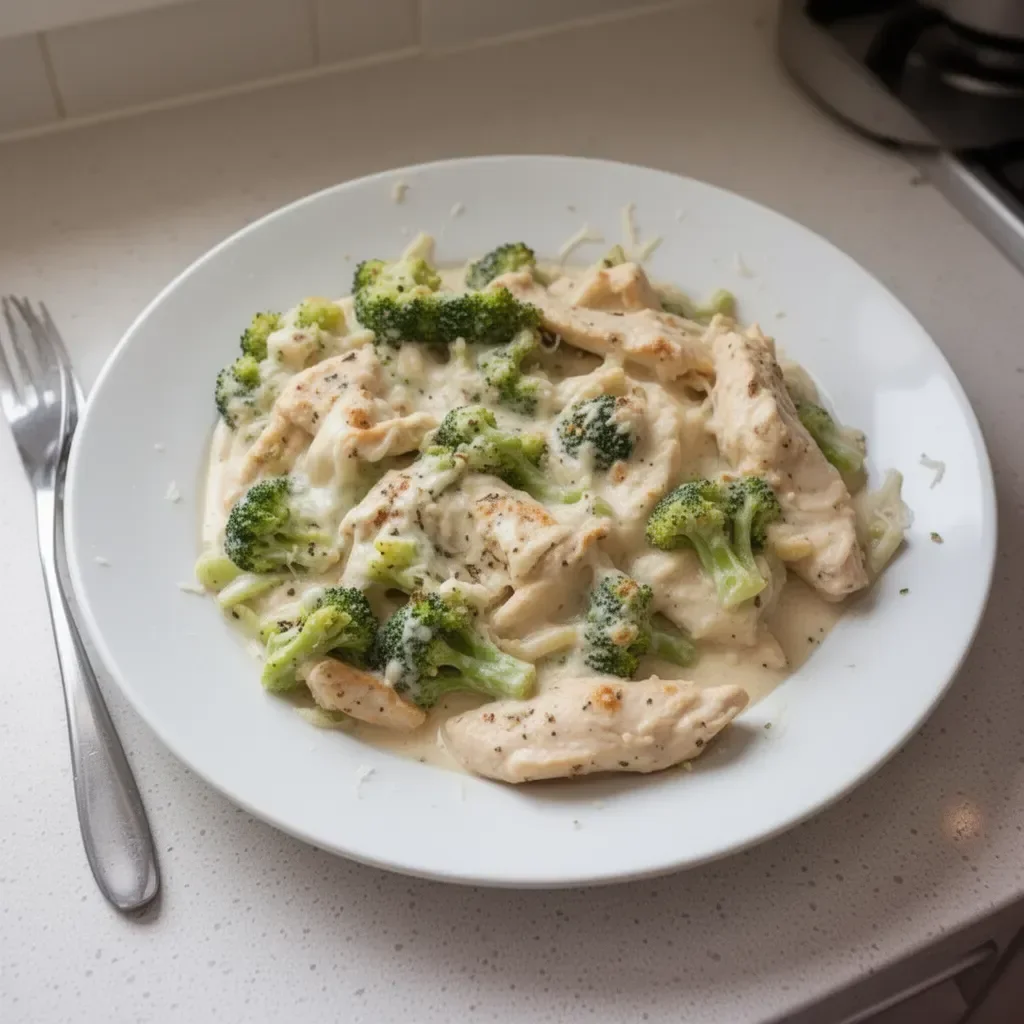 Creamy Keto Chicken Alfredo with broccoli in a baking dish