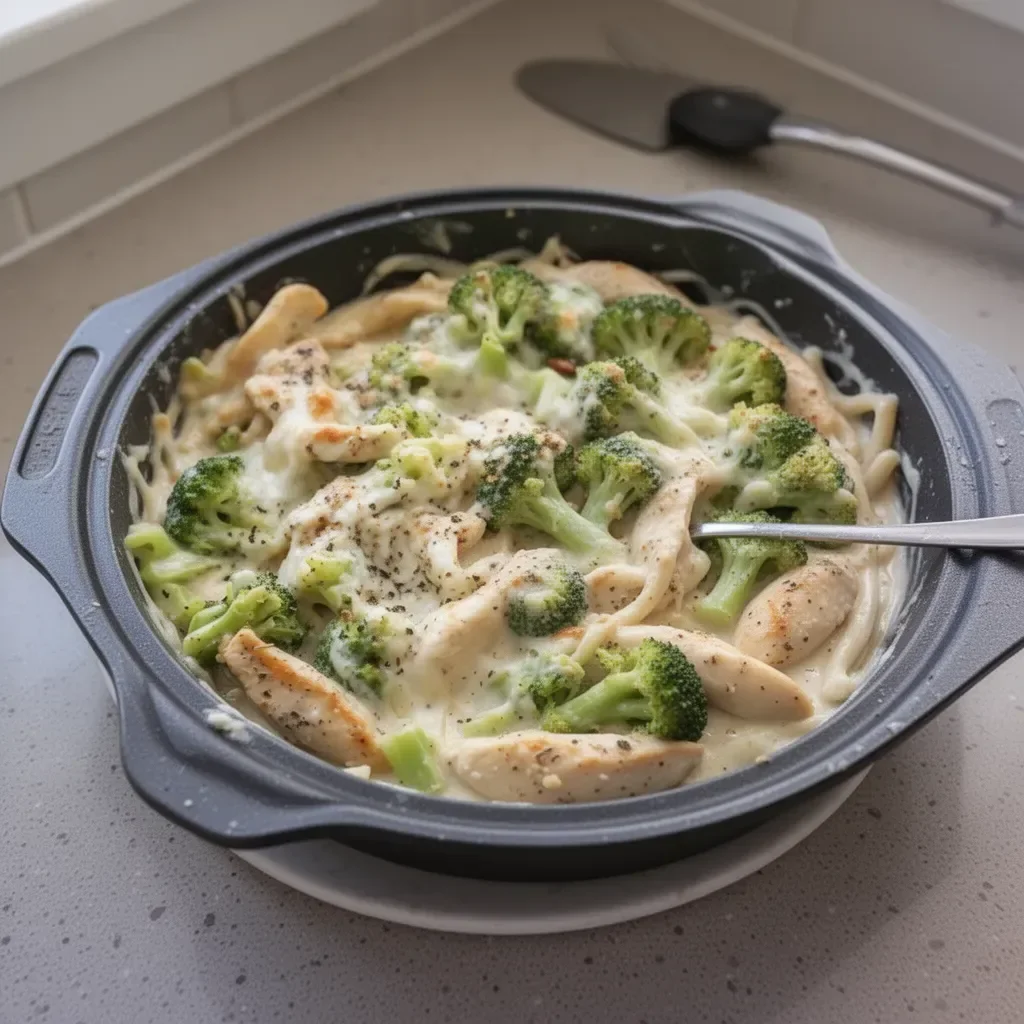 Creamy Keto Chicken Alfredo with Broccoli Bake served in a dish