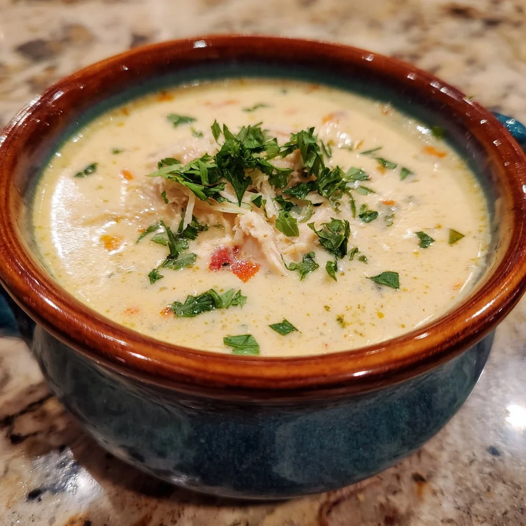 Bowl of creamy keto chicken soup with cream cheese garnished with herbs
