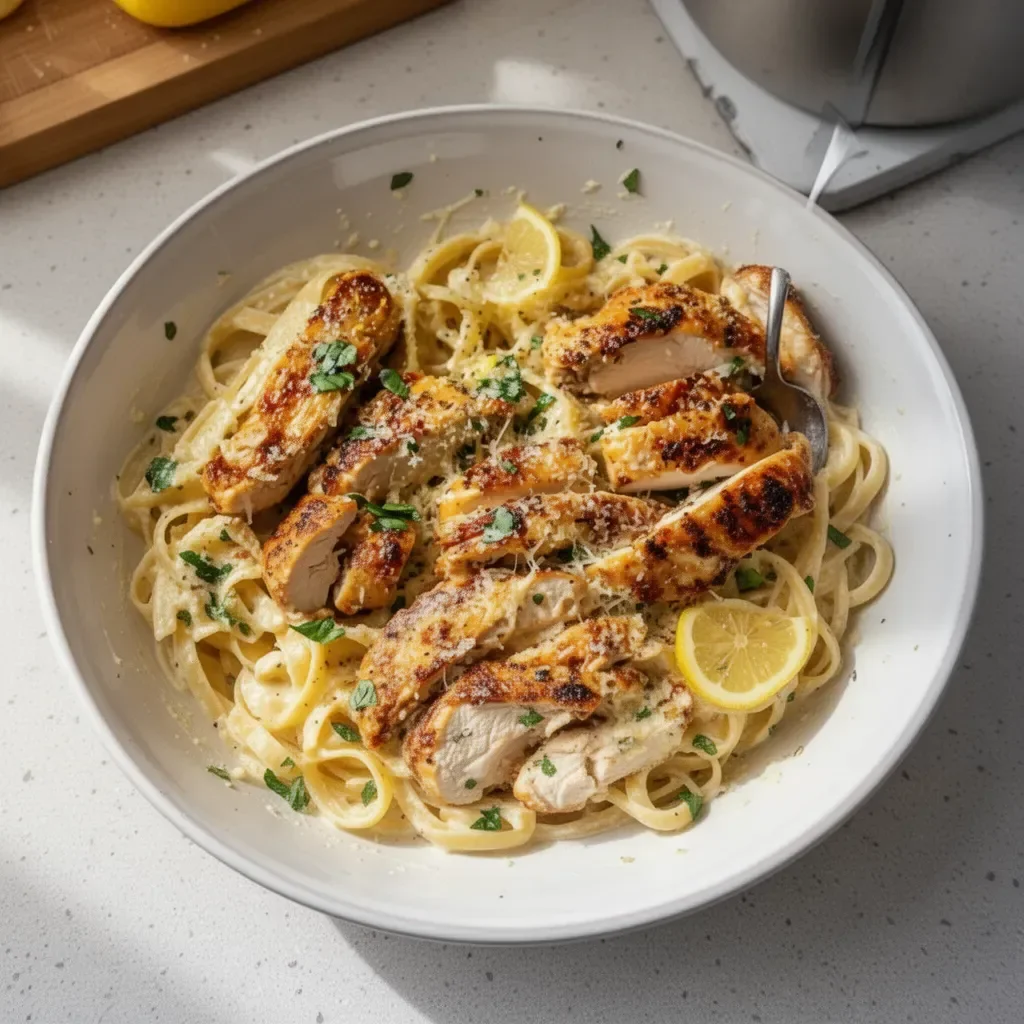 Delicious creamy lemon chicken pasta garnished with herbs