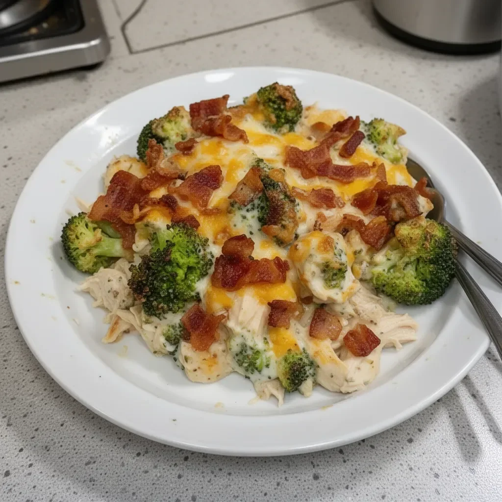 Creamy low carb chicken casserole with broccoli and bacon in a baking dish