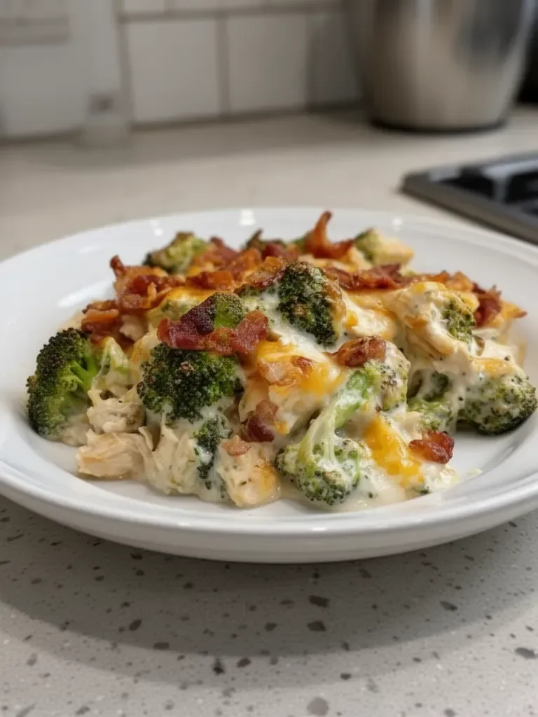 Creamy Low Carb Chicken Casserole with Broccoli and Bacon