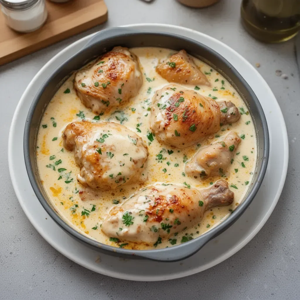 Creamy oven baked chicken thighs served on a plate with herbs