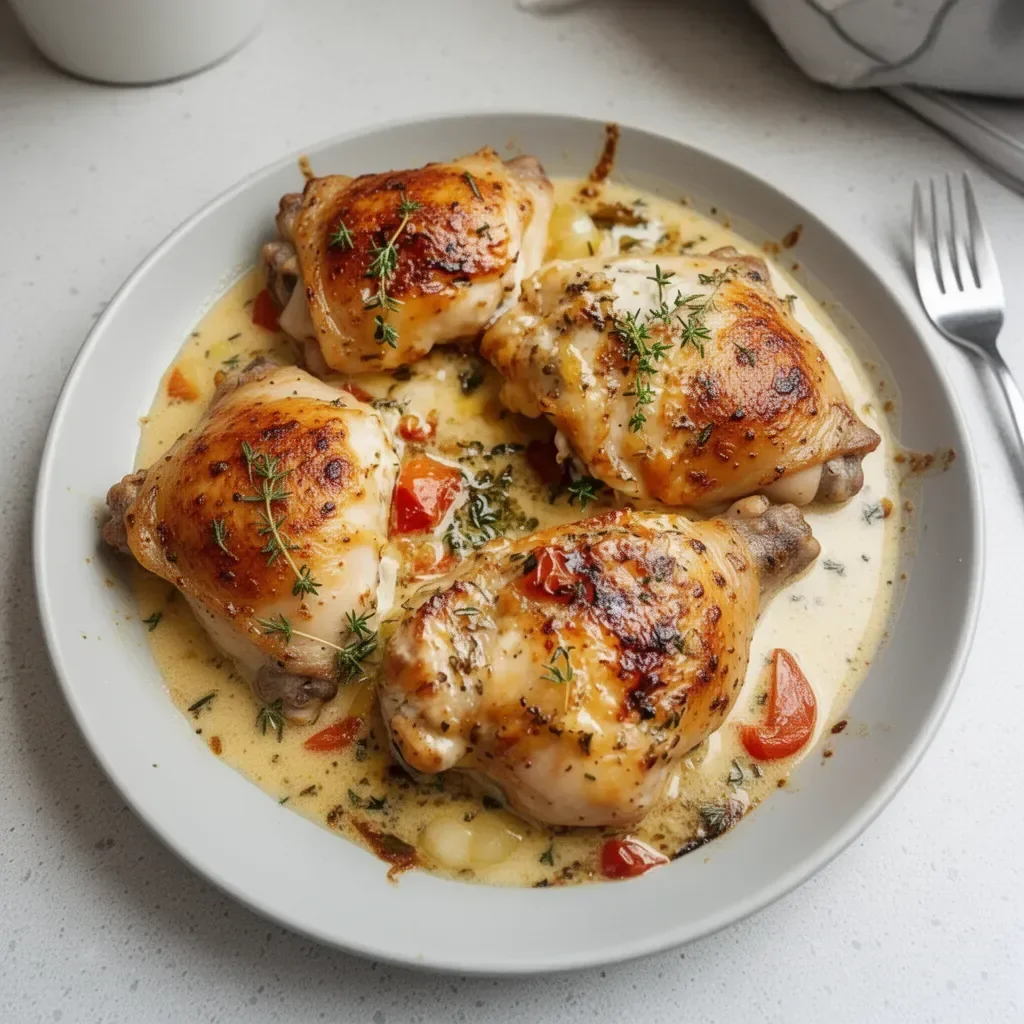 Creamy oven baked chicken thighs served on a plate with herbs.