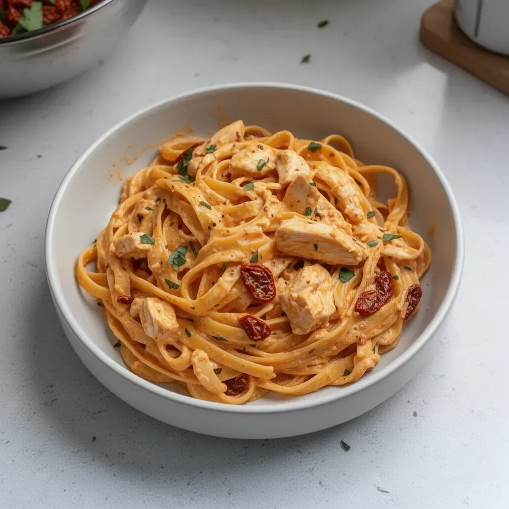 Creamy sun-dried tomato and chicken fettuccine pasta on a plate