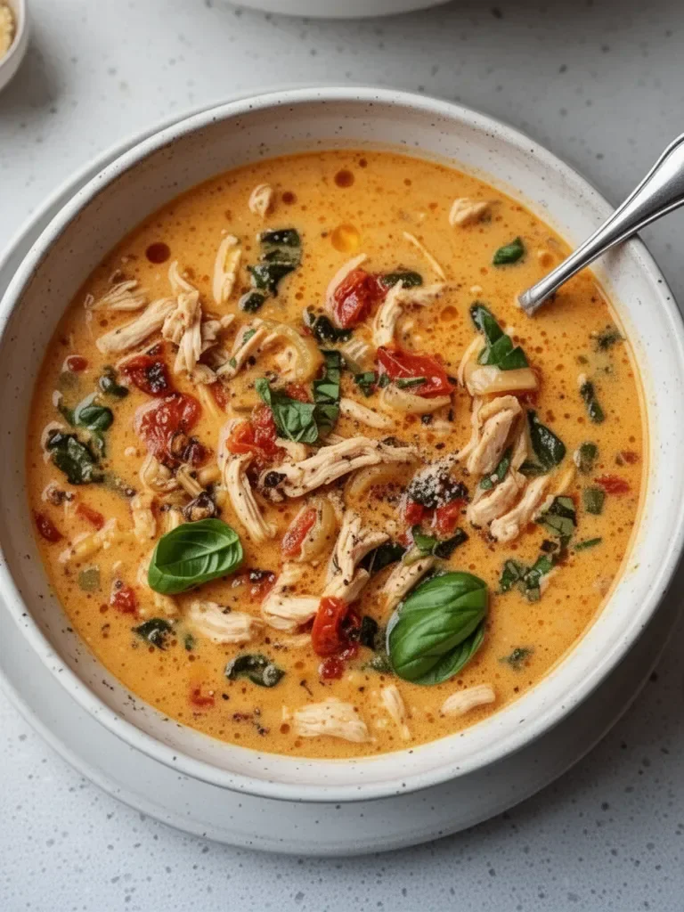Bowl of creamy sun-dried tomato chicken soup garnished with herbs