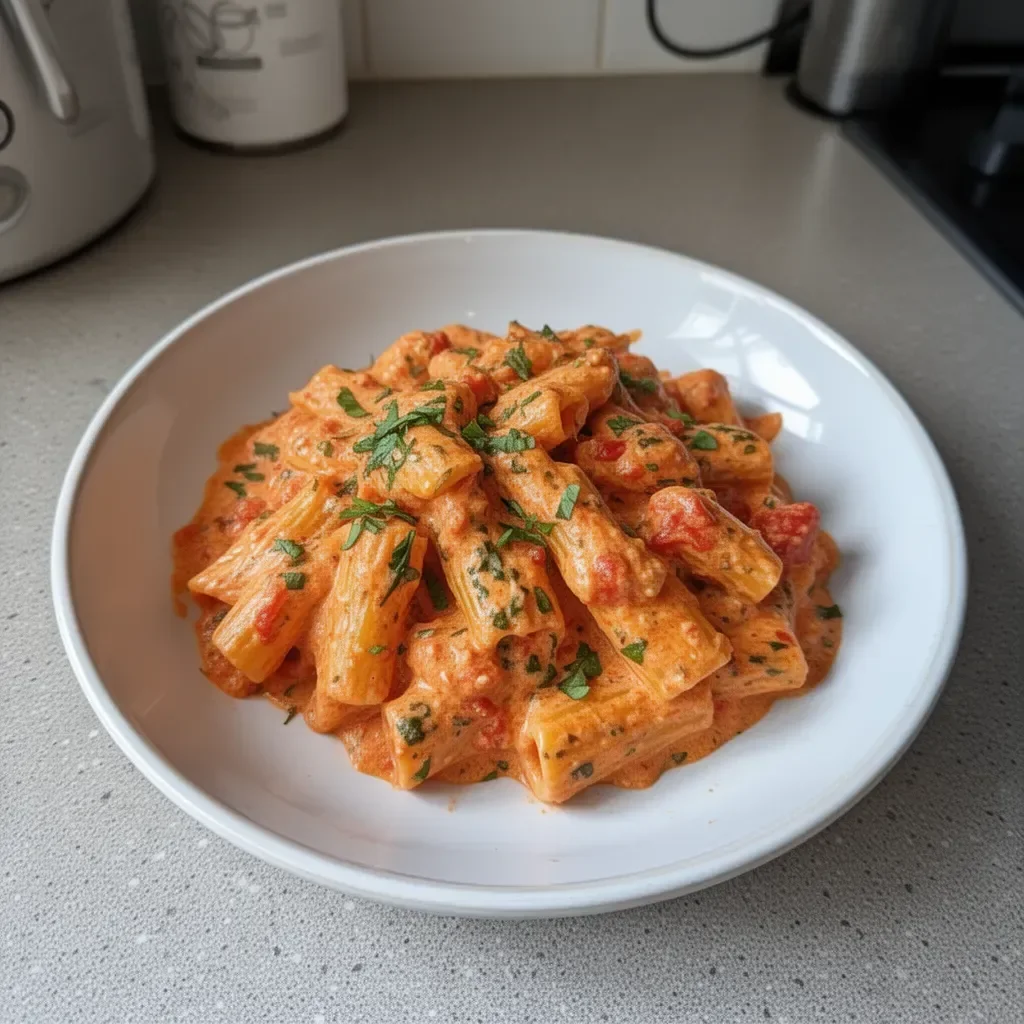 Bowl of creamy tomato garlic pasta topped with fresh basil and grated cheese.