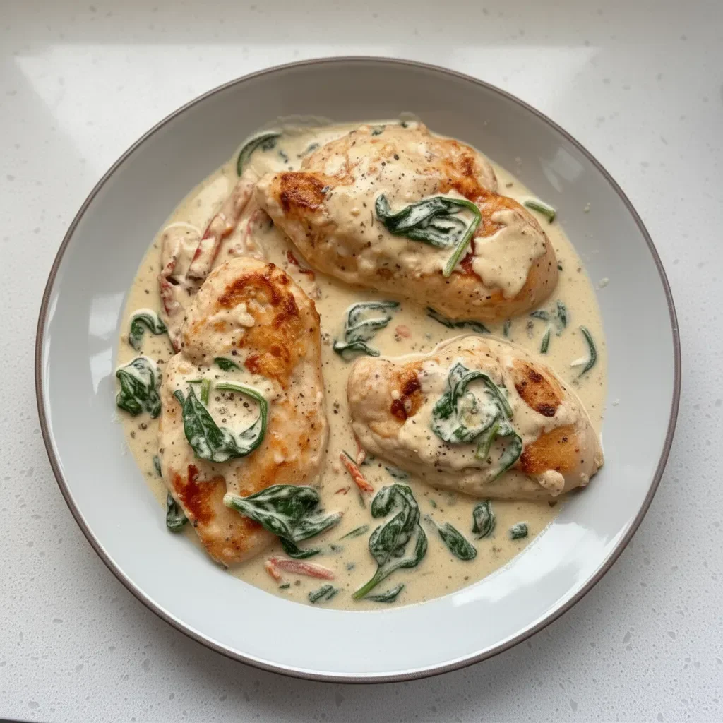 Creamy Tuscan chicken dish with spinach and sun-dried tomatoes