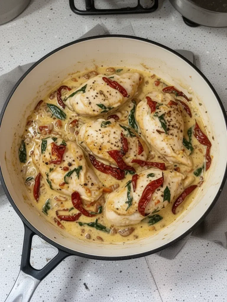 Creamy Tuscan garlic chicken skillet dish served in a cast iron pan