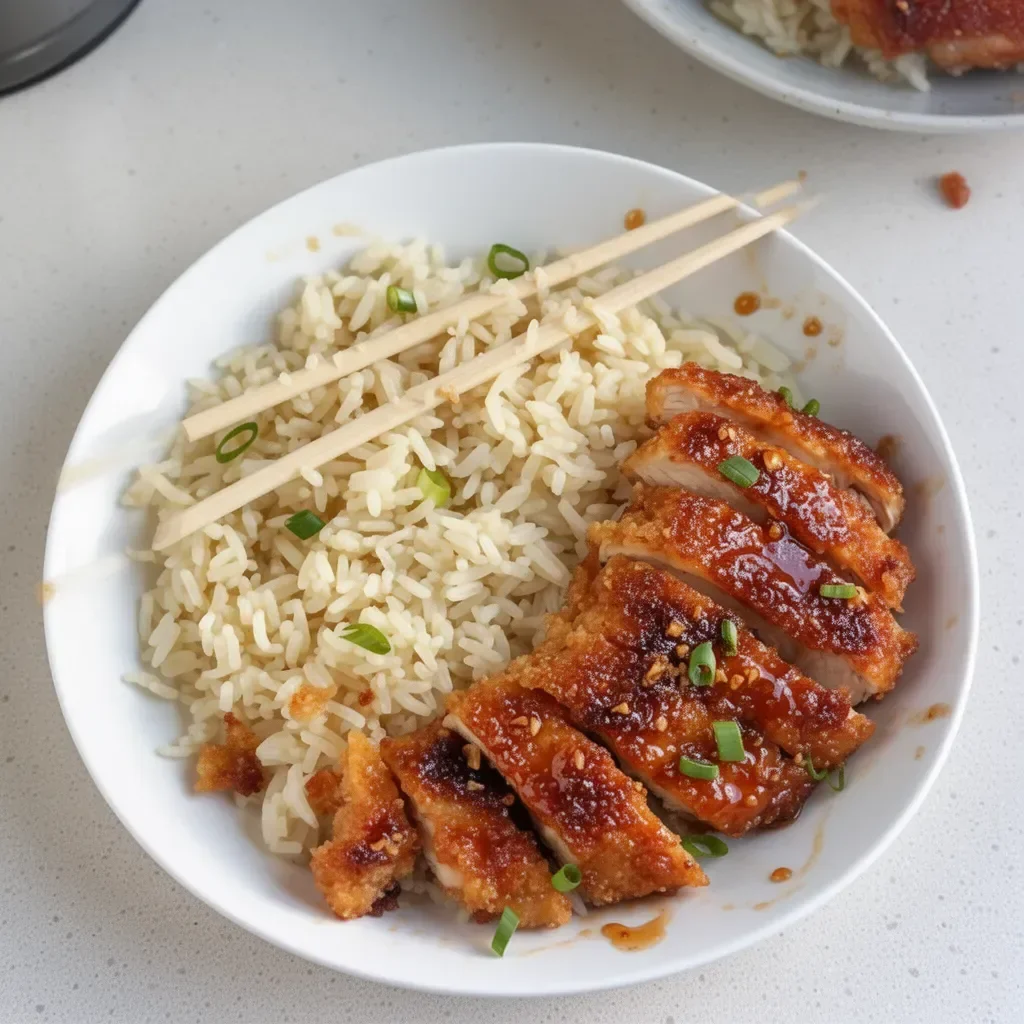 Crispy pan-fried honey garlic chicken garnished with fresh herbs.