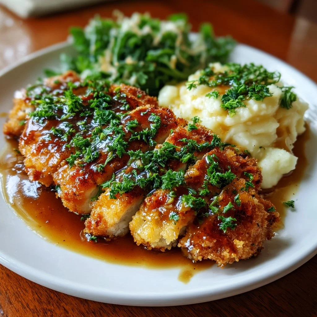Crispy Parmesan Chicken served with rich garlic sauce on a plate