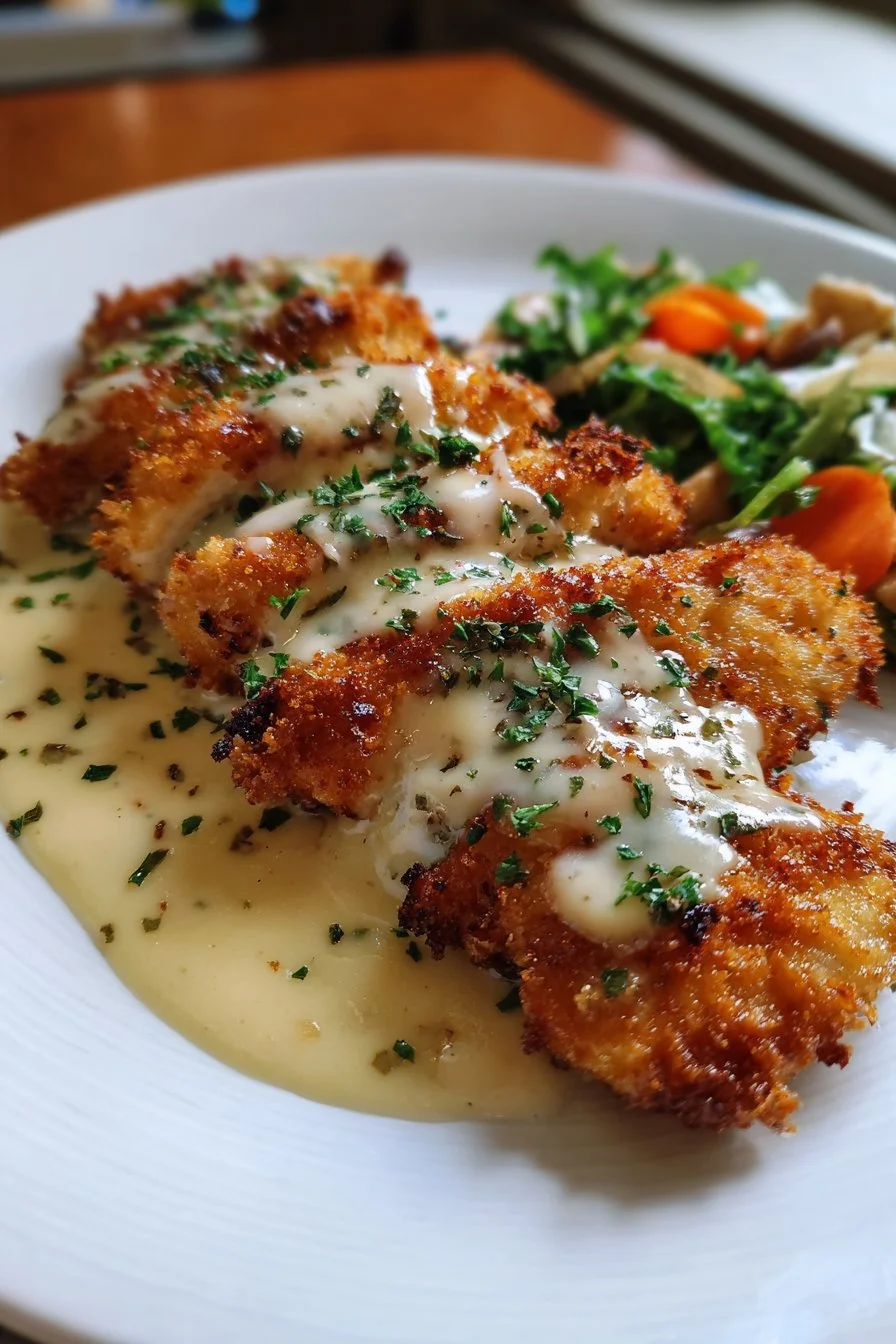 Crispy Parmesan Chicken with a Rich Garlic Sauce - Easy Dinner Idea