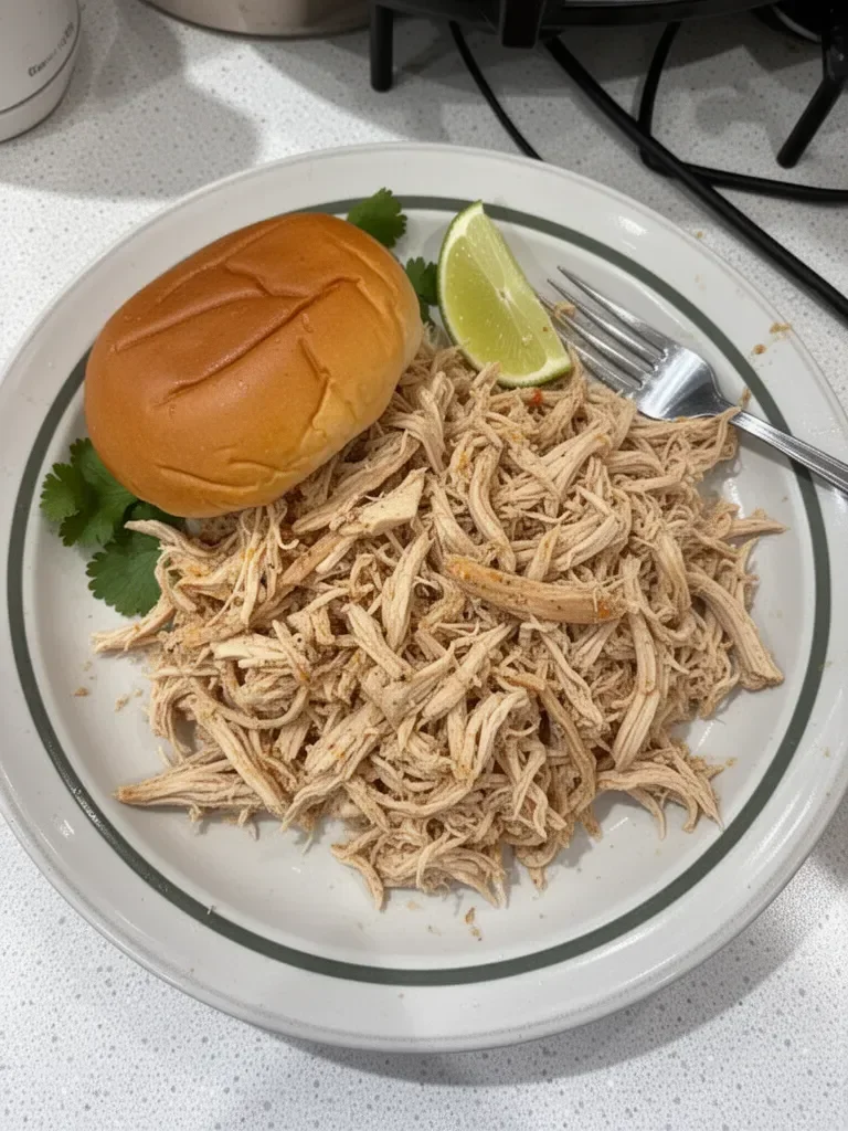 Crock Pot zesty shredded chicken in a serving dish