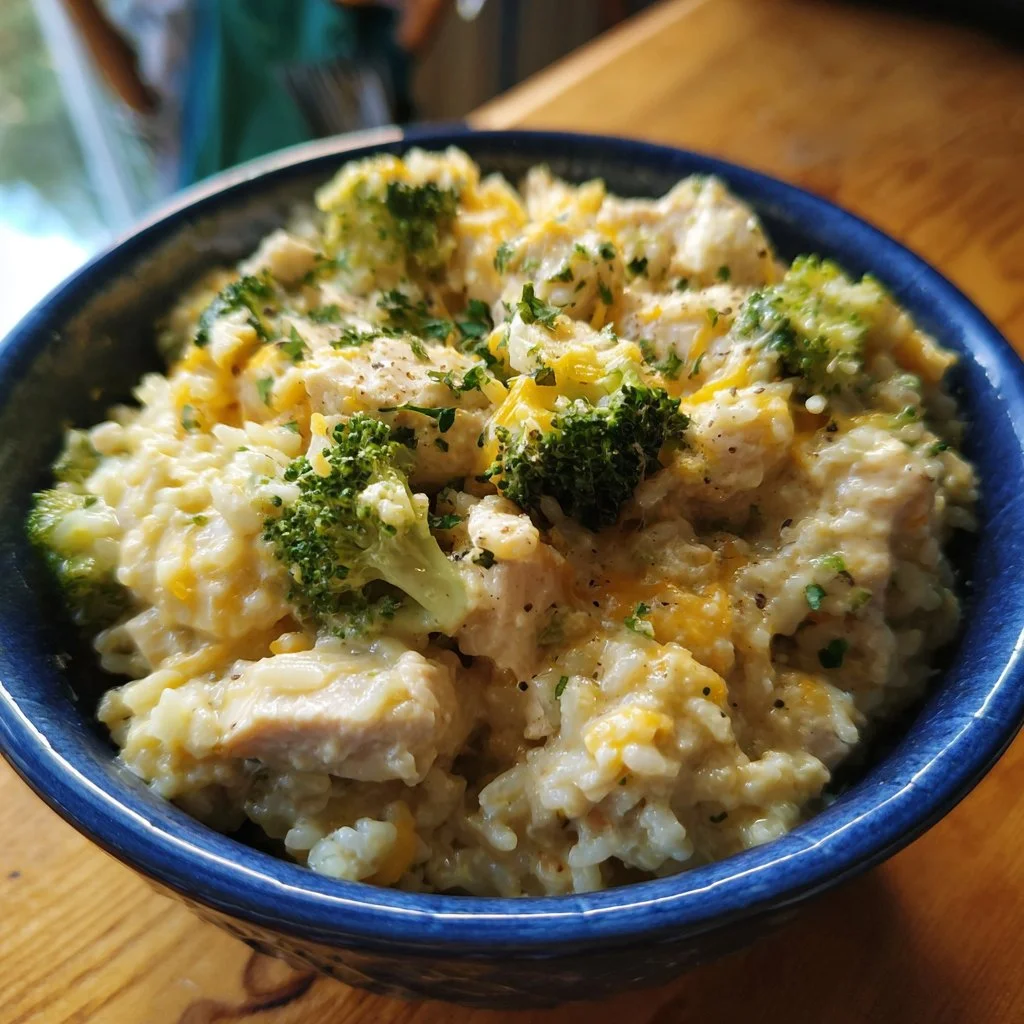 Crockpot Cheesy Chicken Broccoli Rice dish in a bowl with melted cheese