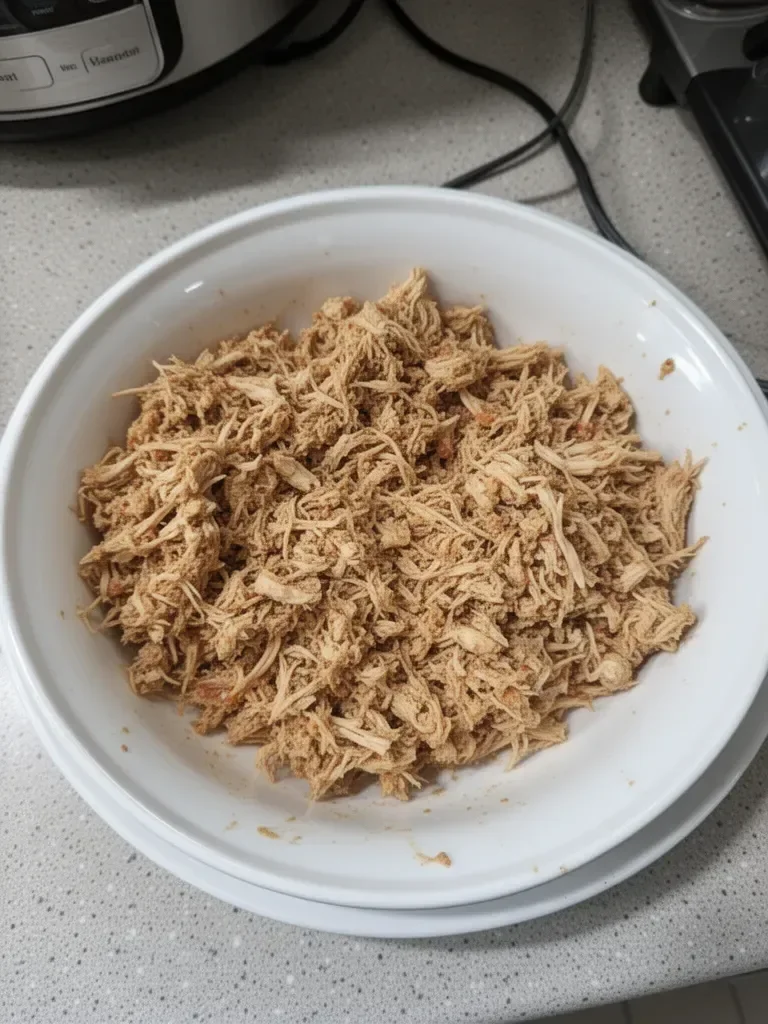 Crockpot chicken taco meat in a bowl with fresh toppings