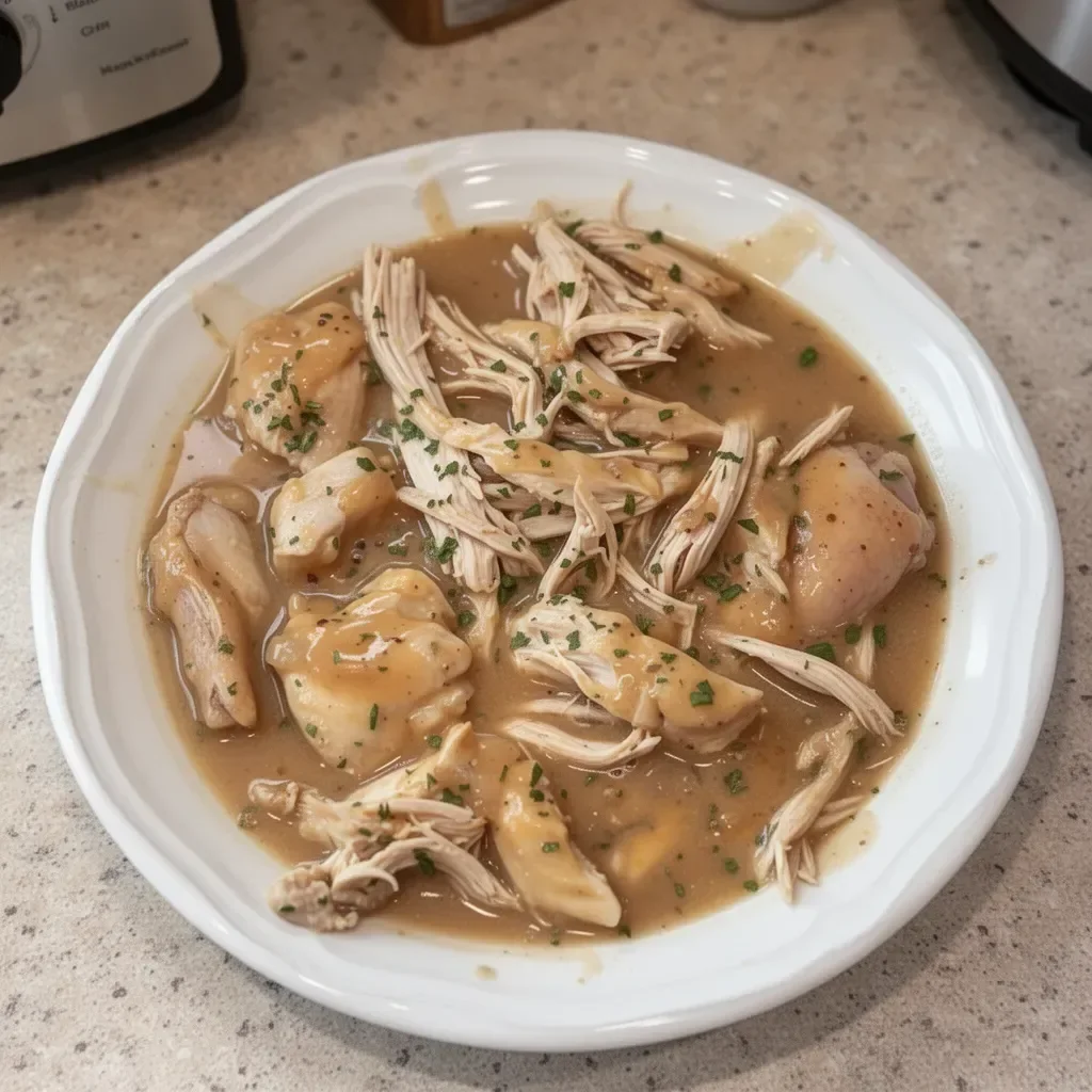 Crockpot chicken thighs with rich gravy served in a bowl