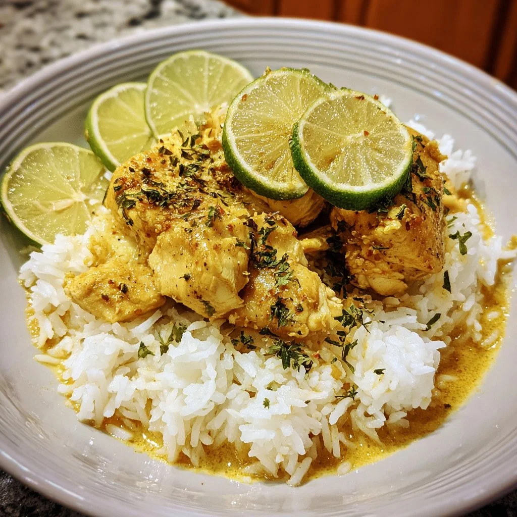 Crockpot Coconut Lime Chicken served with lime wedges and fresh herbs
