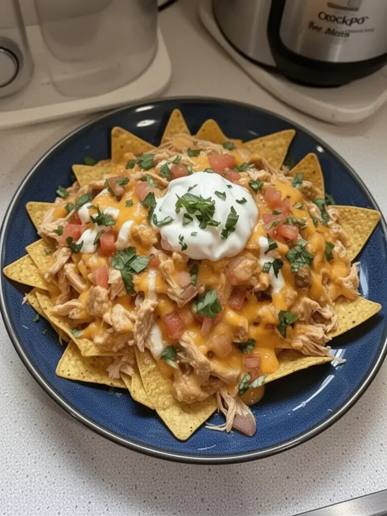 Delicious crockpot creamy chicken nachos topped with cheese and jalapeños.