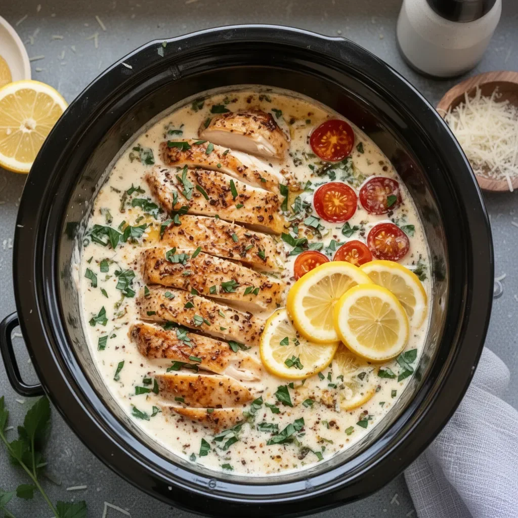 Crockpot creamy garlic parmesan chicken served on a plate