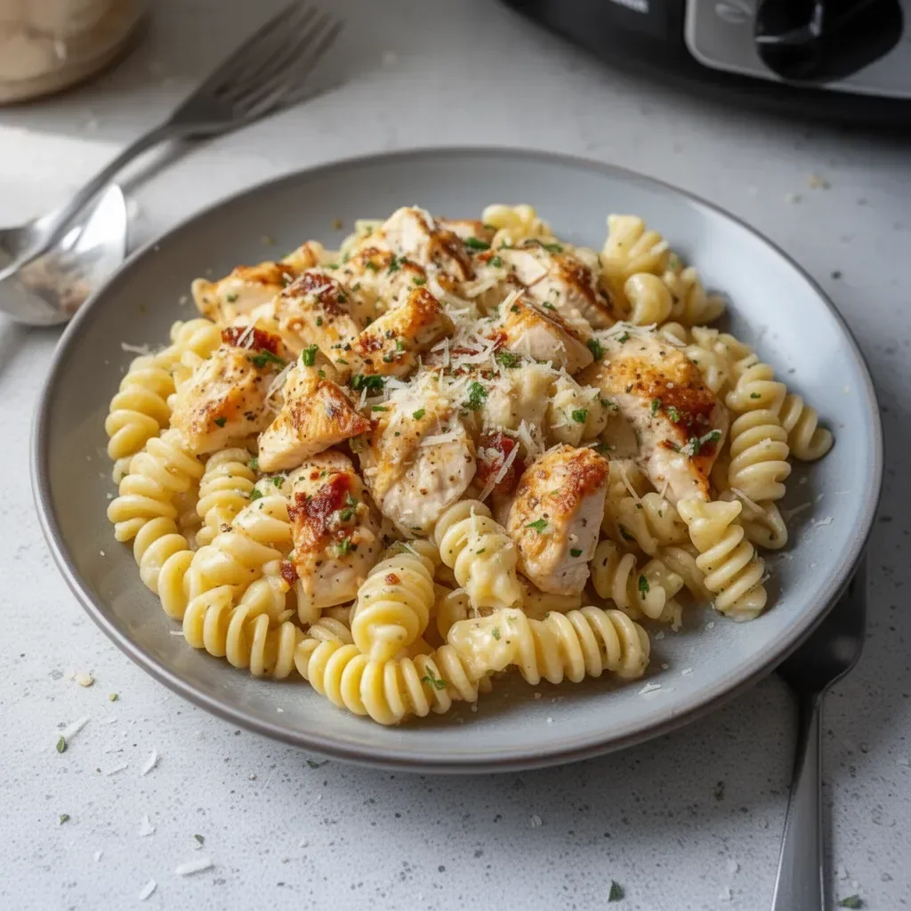 Crockpot Garlic Parmesan Chicken Pasta served in a bowl with herbs