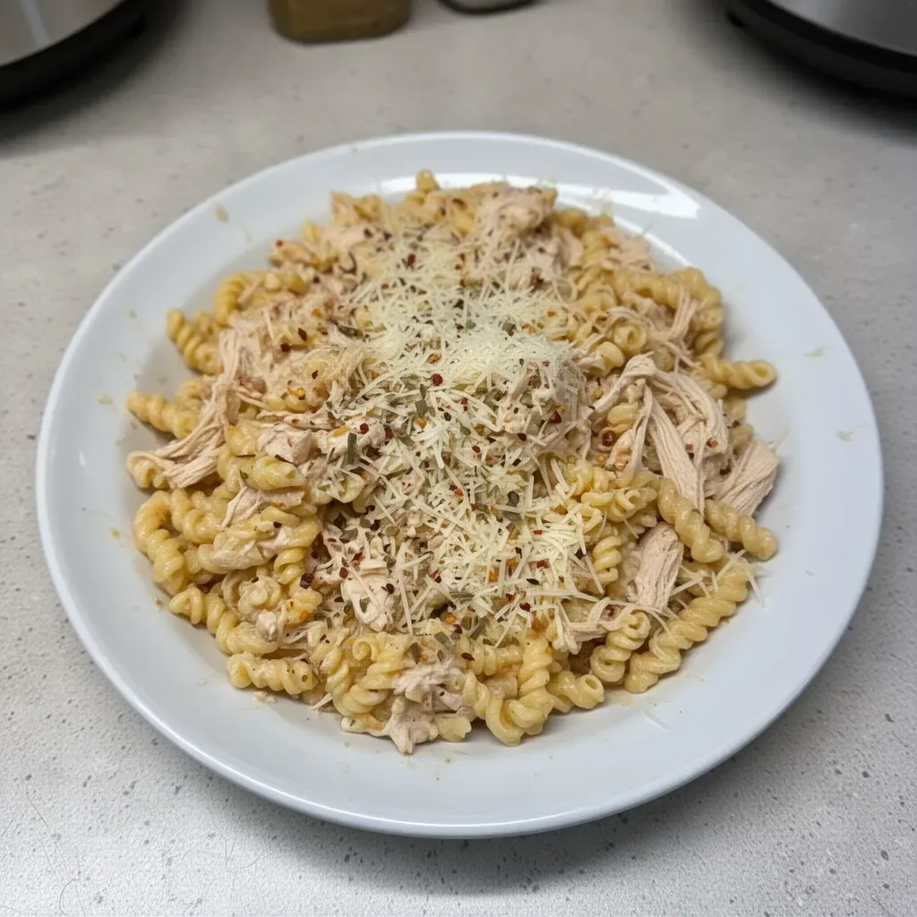 Crockpot Garlic Parmesan Chicken Pasta served in a bowl with herbs