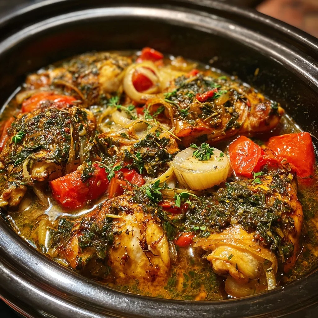 Delicious Crockpot Greek-Style Chicken garnished with herbs and served on a plate.