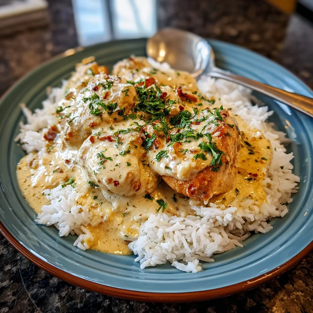 Crockpot Marry Me Chicken served with herbs and creamy sauce