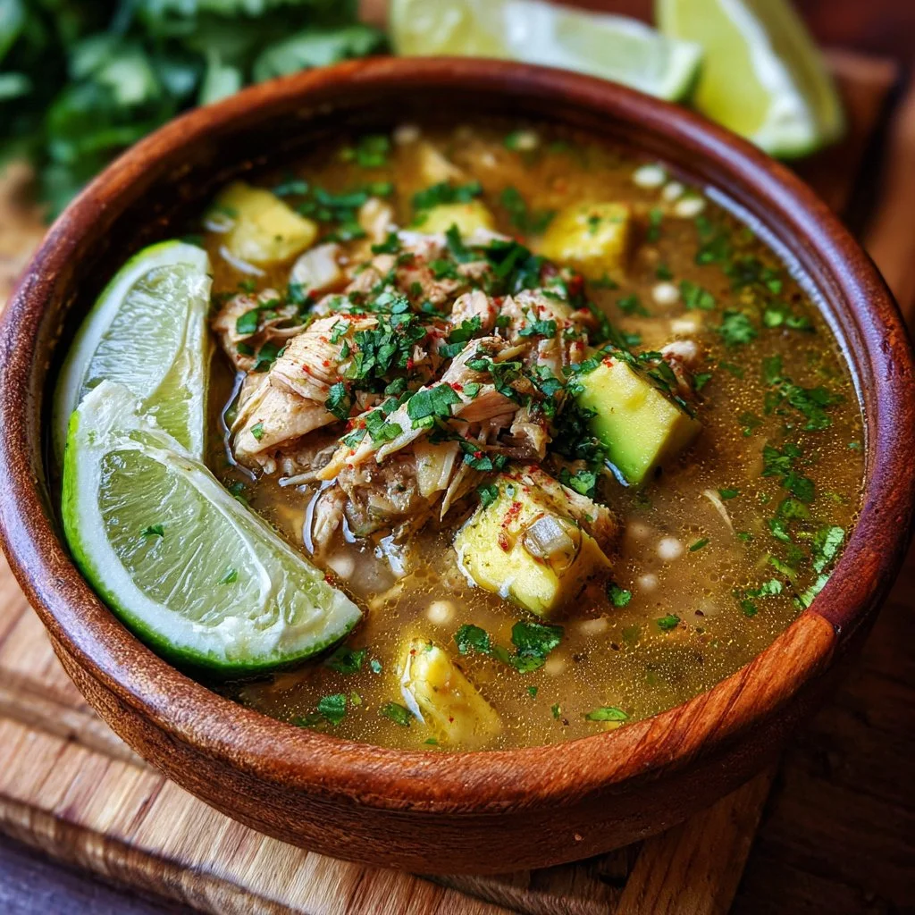 Bowl of Crockpot Mexican Chicken Green Pozole with toppings and garnishes