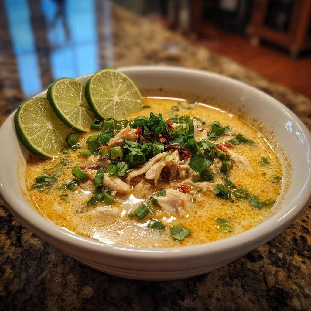 Crockpot Thai Coconut Chicken Soup garnished with herbs and lime.