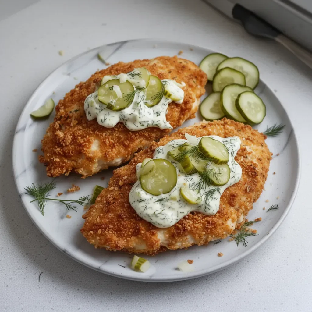 Delicious Dill Pickle Parmesan Chicken served on a plate with herbs