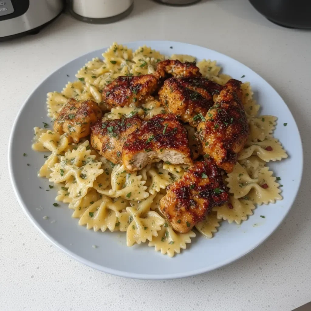 Delicious Garlic Butter Chicken served with bowtie pasta on a plate