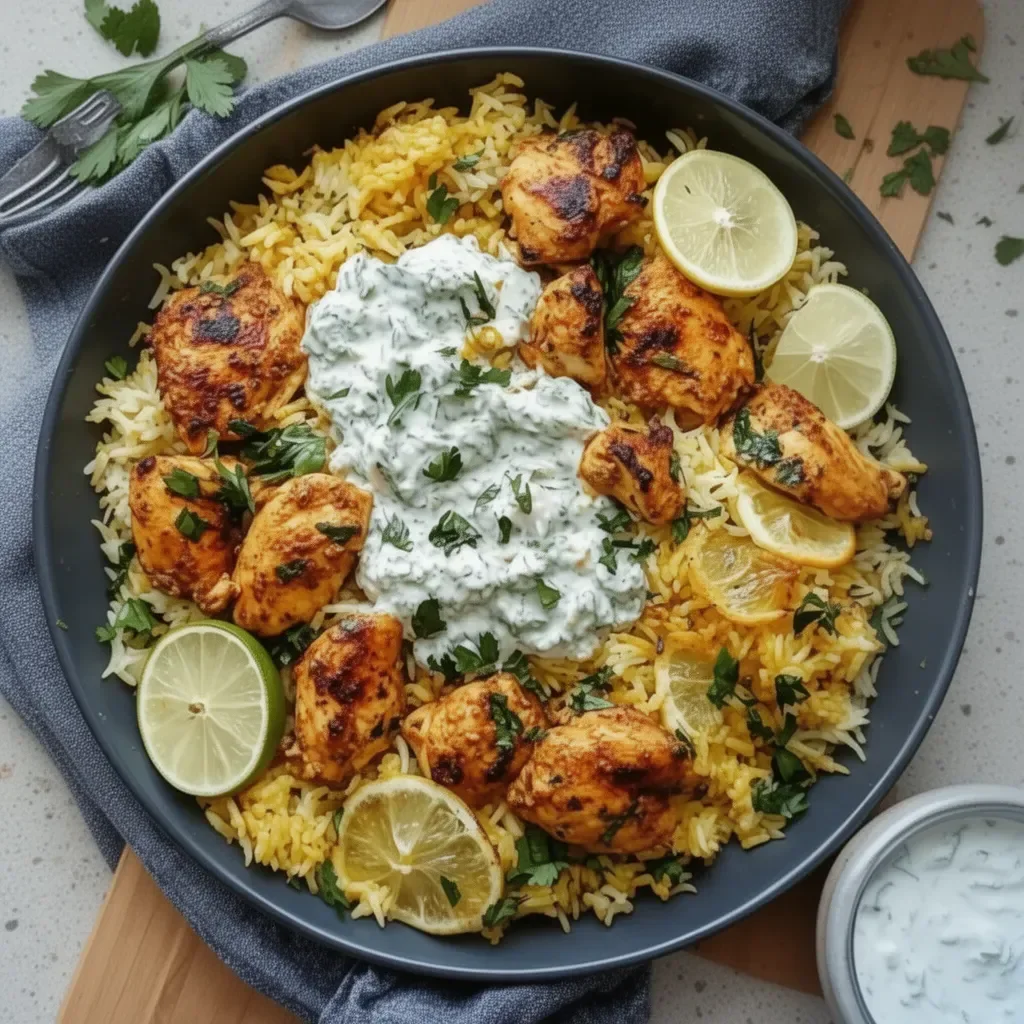 Dump and Bake Chicken Tzatziki Rice served in a bowl with fresh herbs.