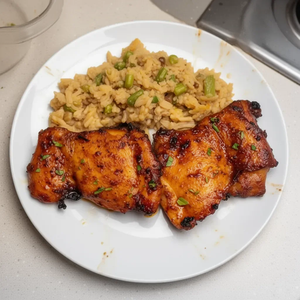 Crispy and juicy easy air fryer chicken thighs on a serving plate.
