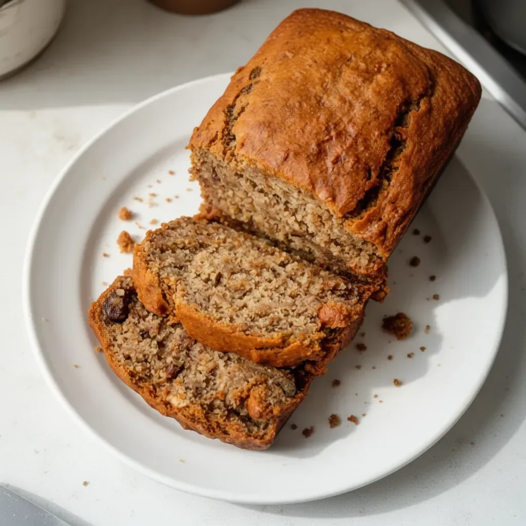 Freshly baked easy banana bread loaf on a wooden table.