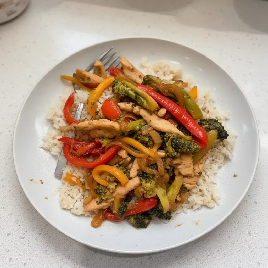Colorful easy chicken stir fry with vegetables and sauce in a skillet.
