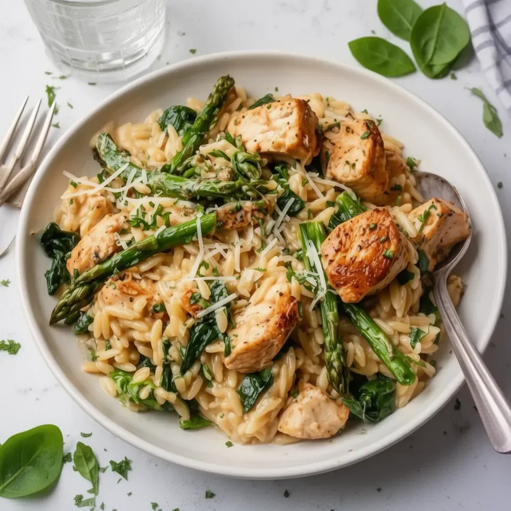 Delicious high-protein chicken orzo dish served in a bowl with herbs