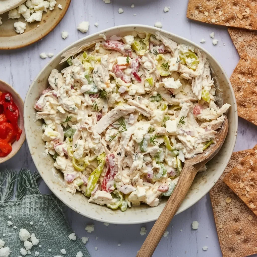 Easy high protein feta chicken salad served in a bowl with fresh ingredients.