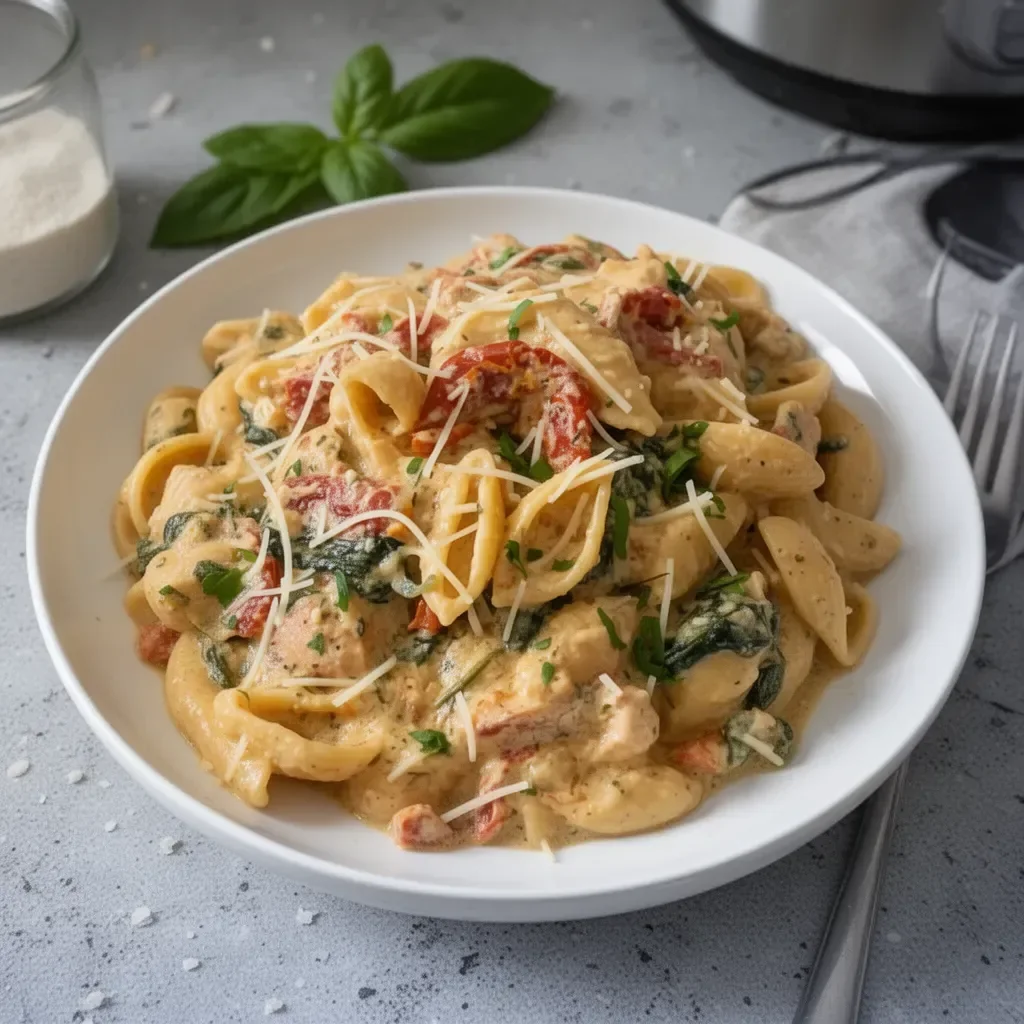 Delicious instant pot Tuscan chicken pasta served in a bowl