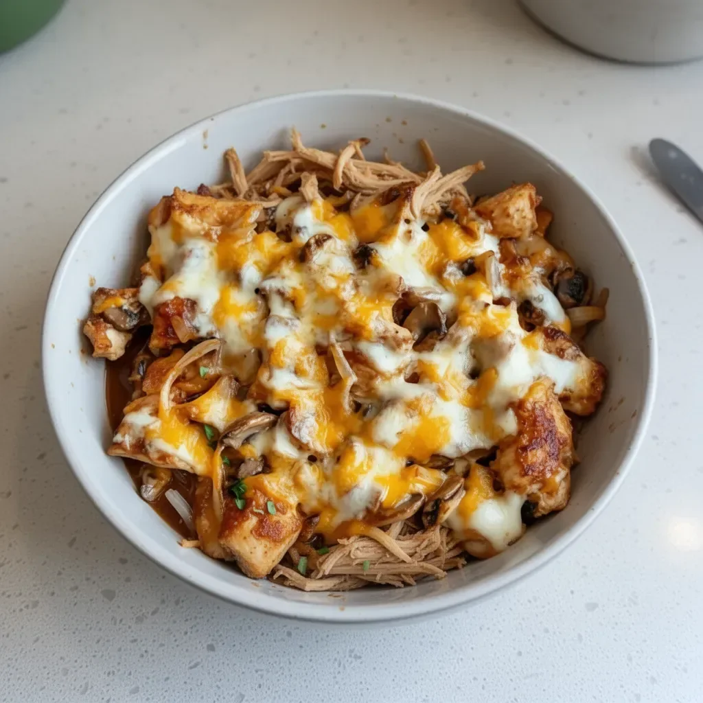 Delicious low carb BBQ chicken bowl topped with fresh vegetables and sauce.