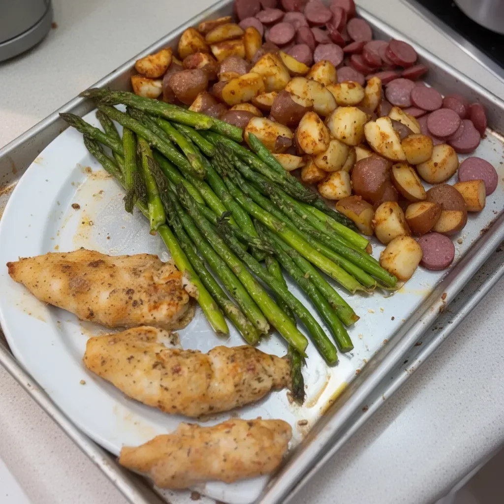 Easy sheet pan dinner with vegetables and protein on a baking sheet.