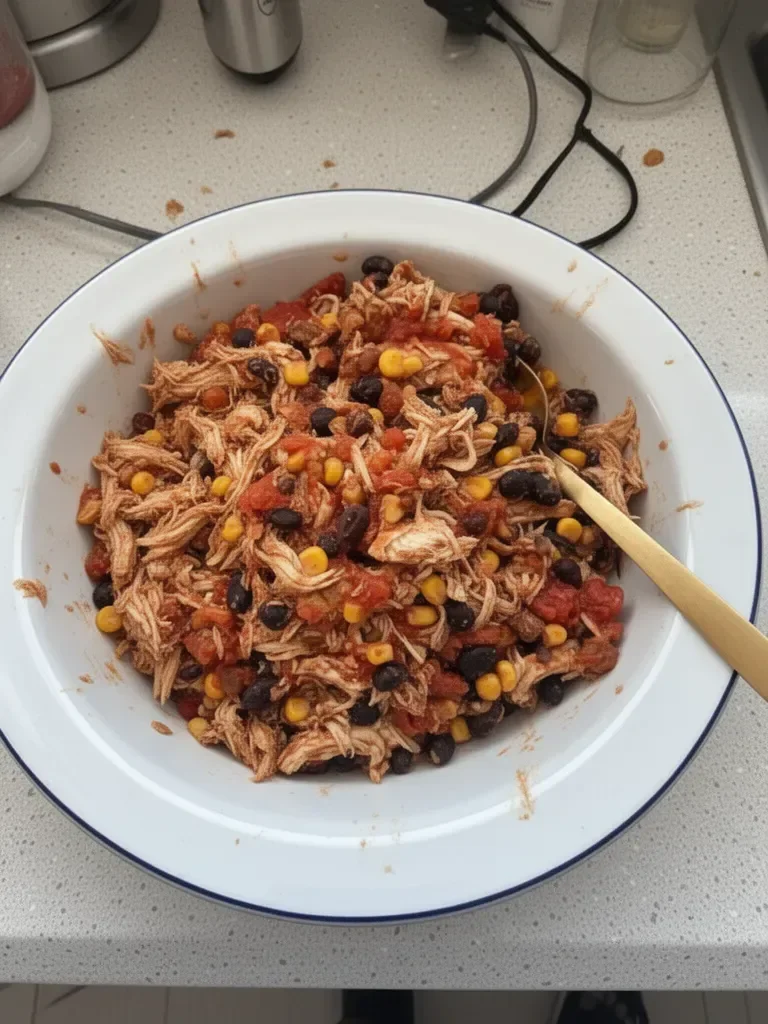 Five Ingredient Tex Mex Chicken in a crockpot with colorful veggies.