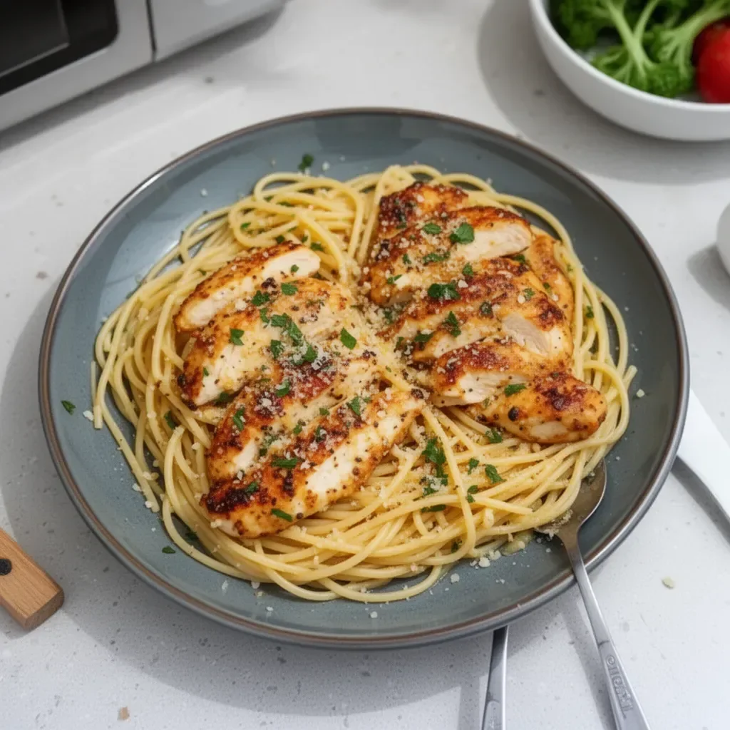 Delicious Garlic Butter Chicken Pasta topped with parsley and parmesan cheese.