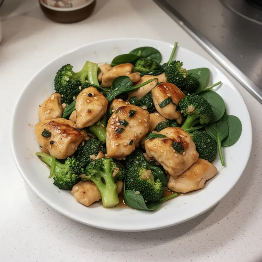 Plate of Garlic Chicken with Broccoli and Spinach, showcasing vibrant vegetables and savory chicken.