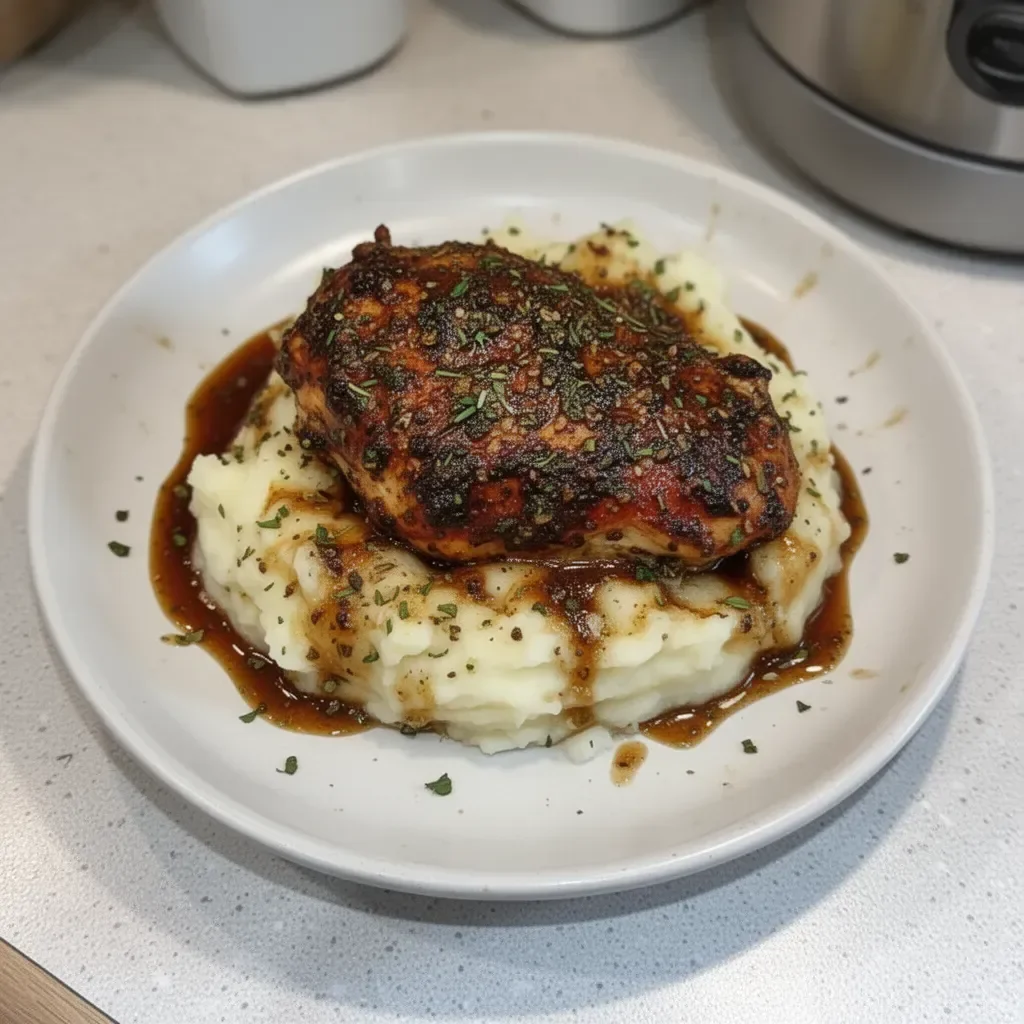 Garlic Herb Chicken garnished with fresh herbs and spices, served on a rustic plate.